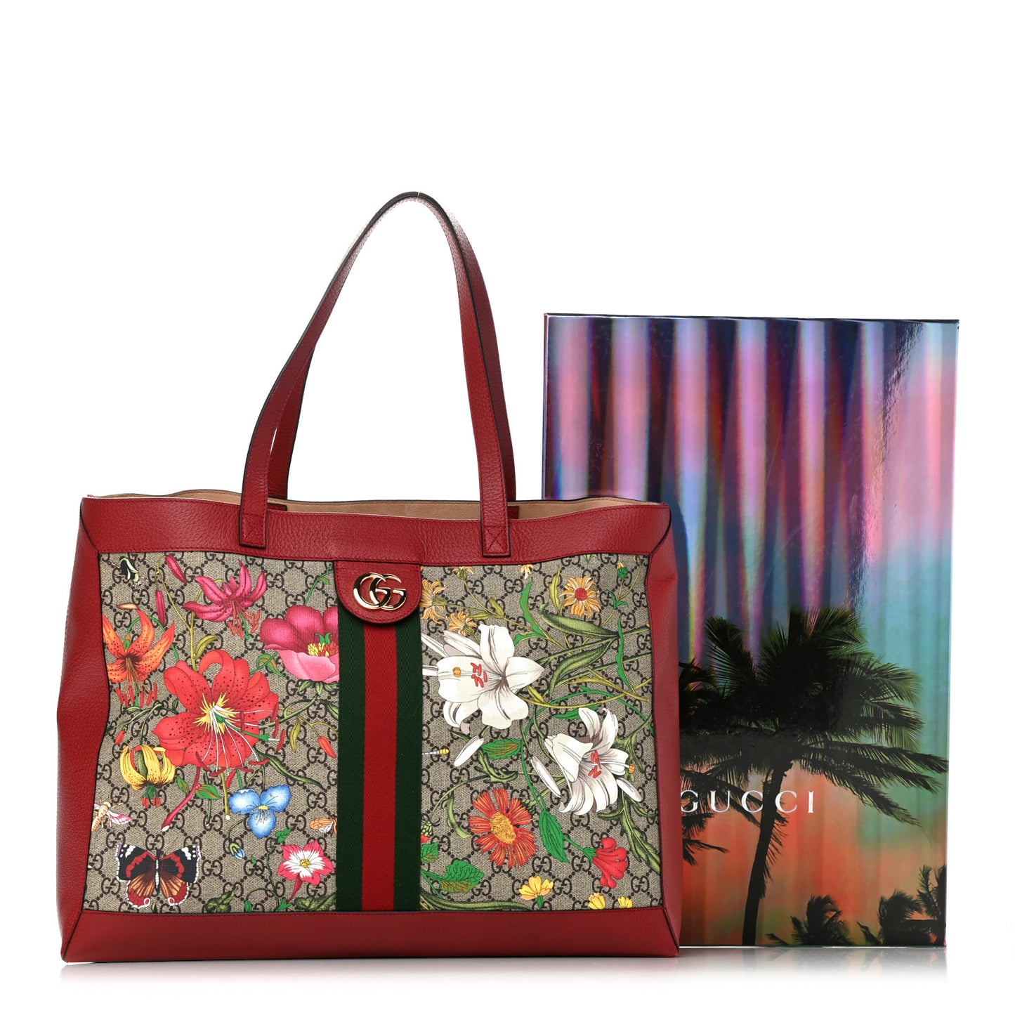 GG Supreme Monogram Flora Web Large Ophidia Tote Red