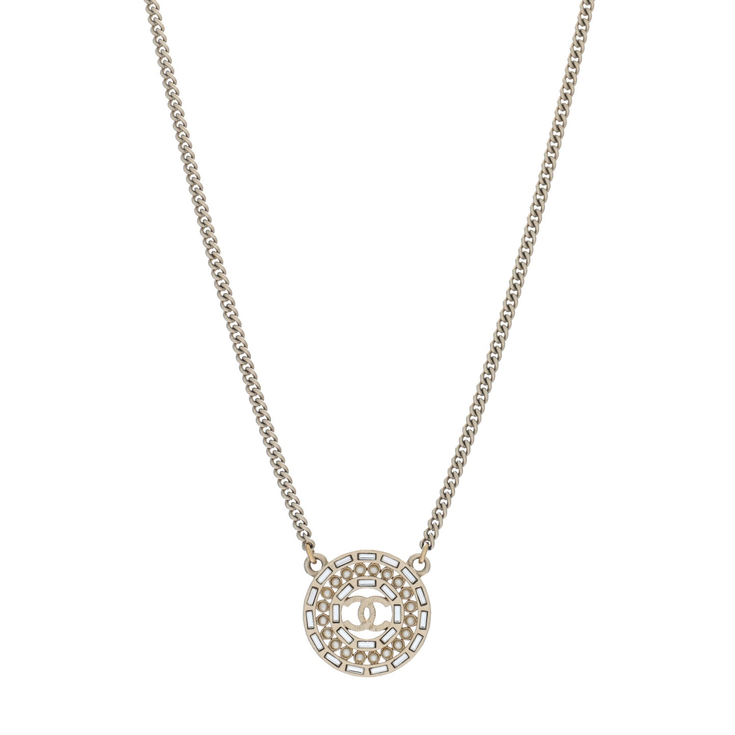 Pearl Crystal CC Round Pendant Necklace Gold