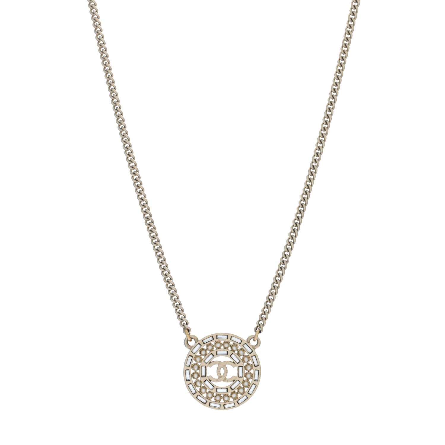 Chanel Pearl Crystal CC Round Pendant Necklace Gold 1 of 5