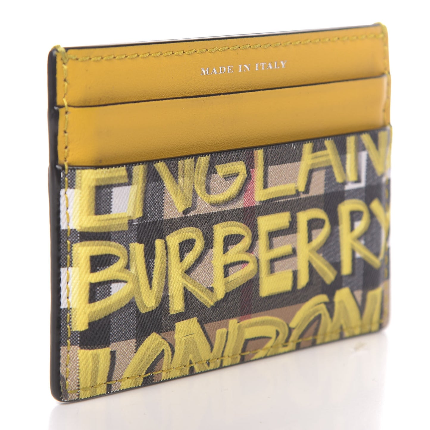 Calfskin Vintage Check Graffiti Print Card Holder Yellow