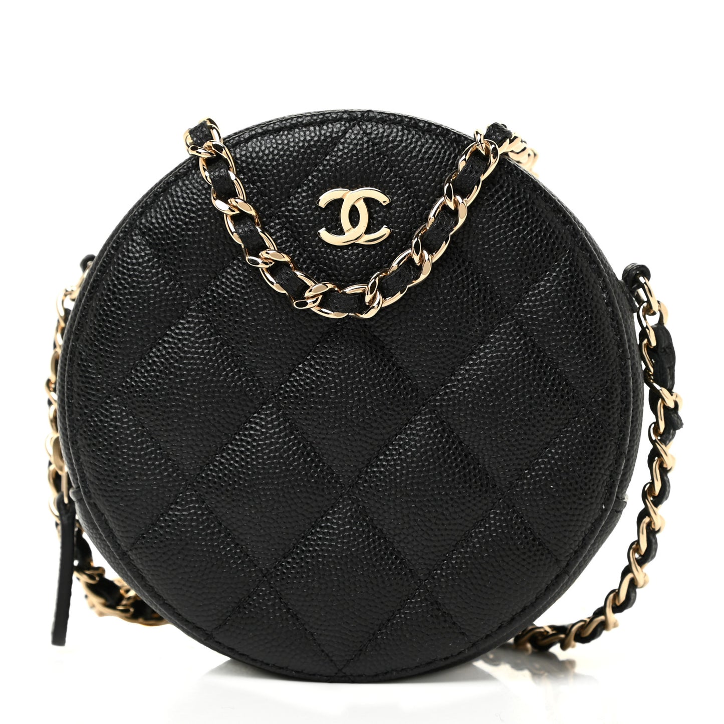 Caviar Quilted Round Clutch With Chain Black