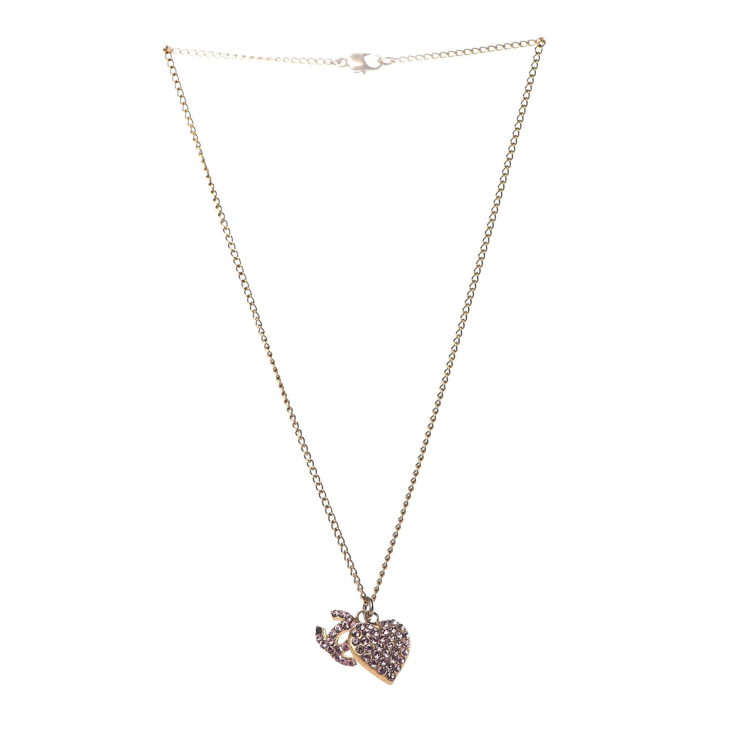 Crystal CC Heart Charm Necklace Gold Pink