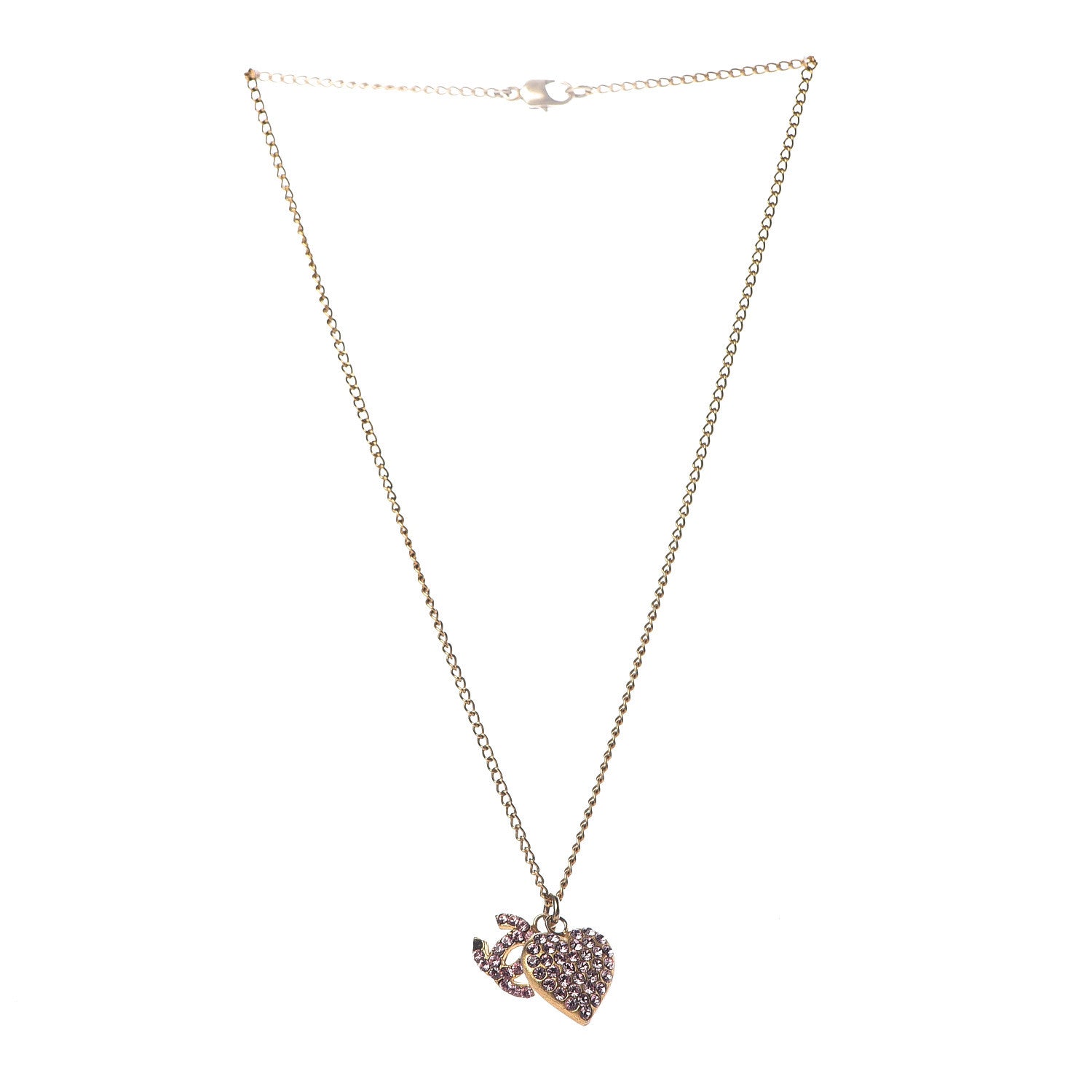 Chanel Crystal CC Heart Charm Necklace Gold Pink 3 of 9
