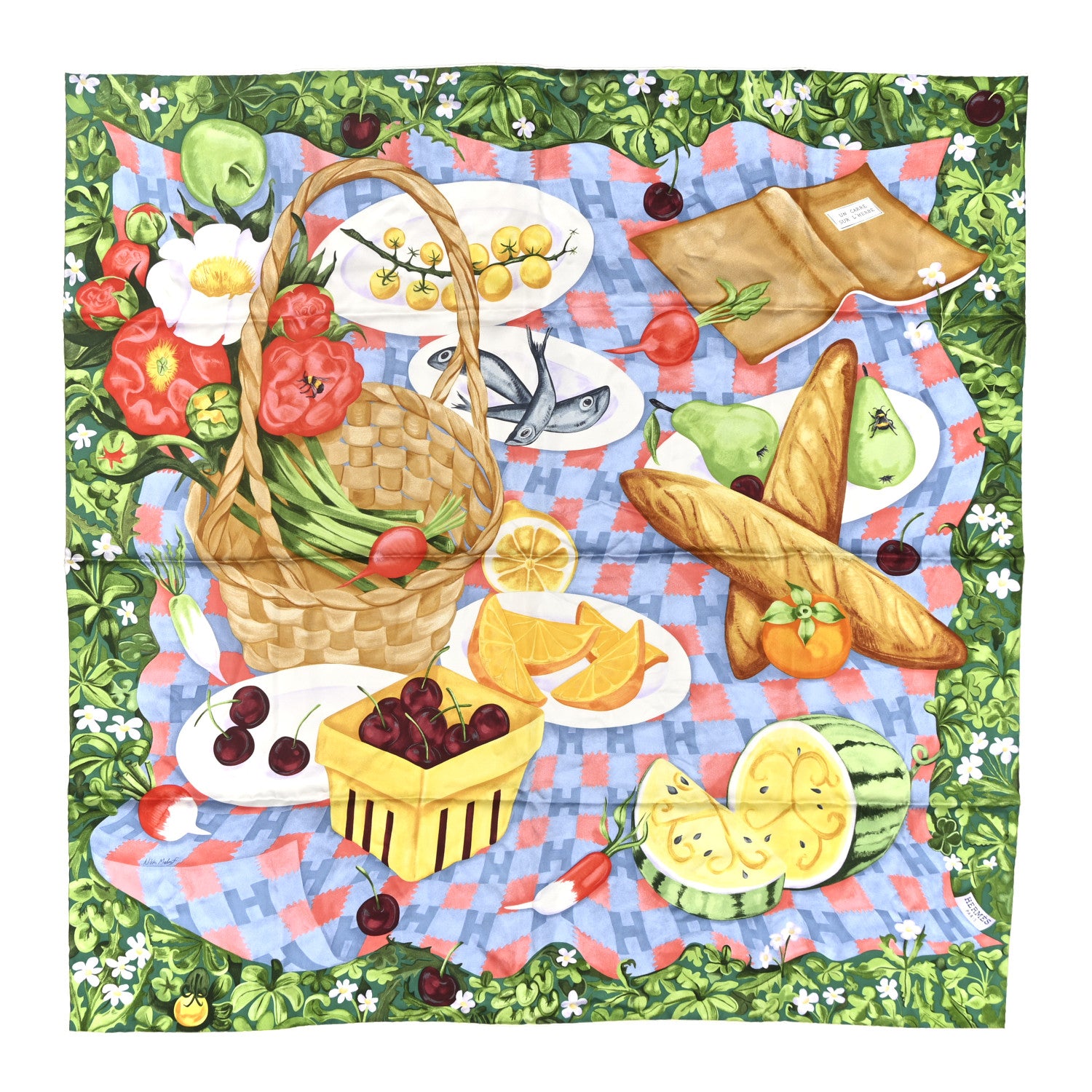 Hermes Silk Un Carre Sur l'Herbe Scarf 90 Bleu Ciel Vert Jaune 1 of 4