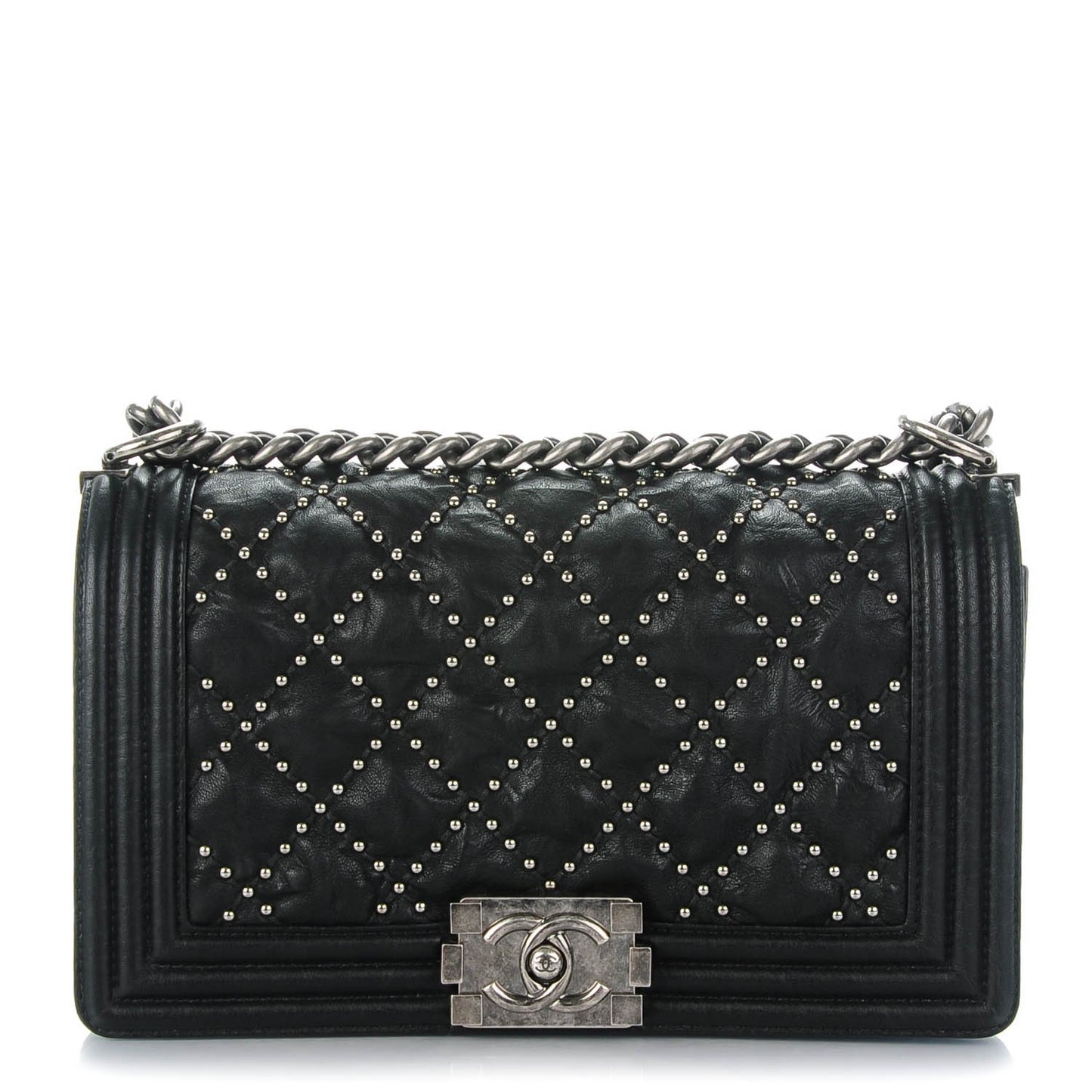 Crumpled Lambskin Medium Studded Boy Flap Black