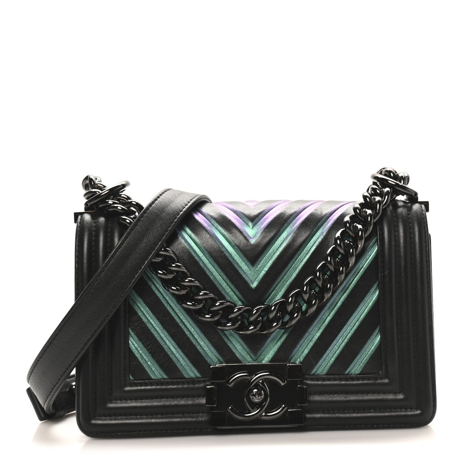 Chanel Calfskin Painted Chevron Embossed Medium Boy Flap Black 1 of 10