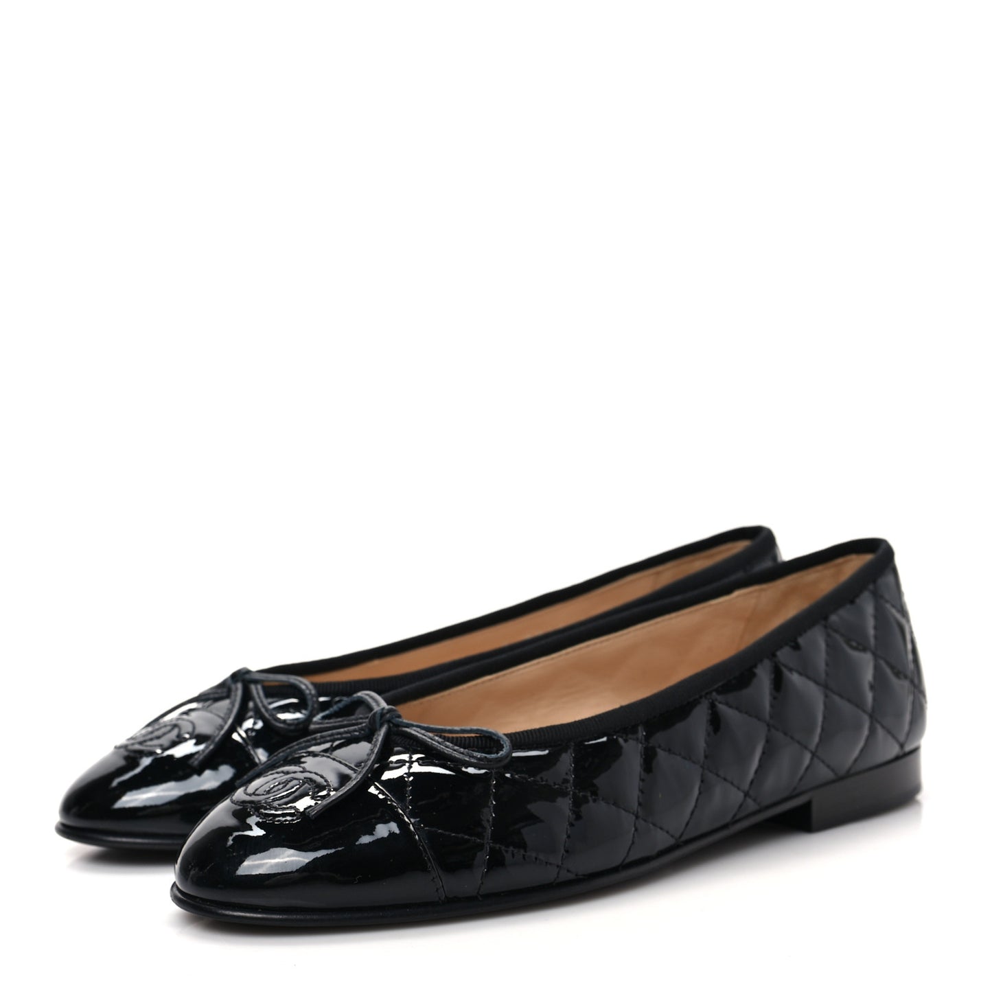 Patent Calfskin Quilted CC Cap Toe Ballerina Flats 37 Black