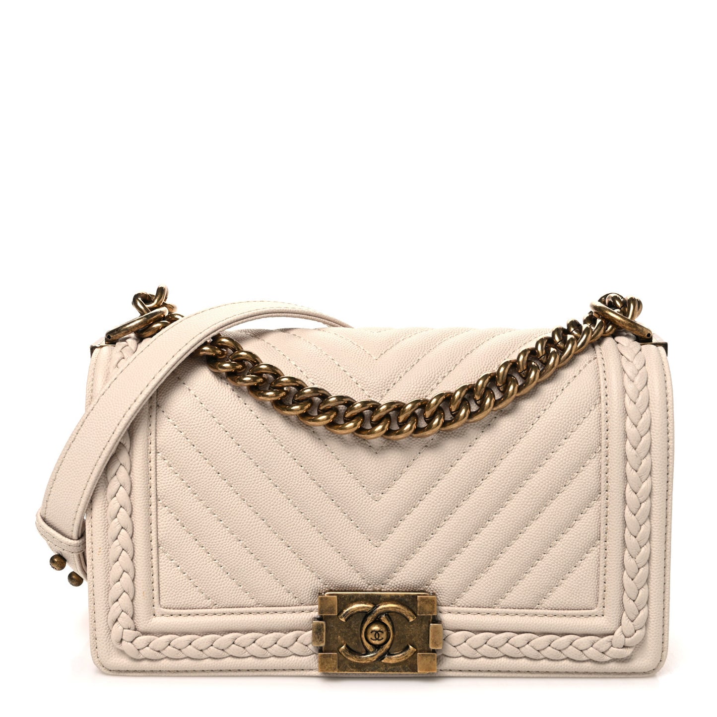 Caviar Chevron Quilted Braided Medium Boy Flap Beige