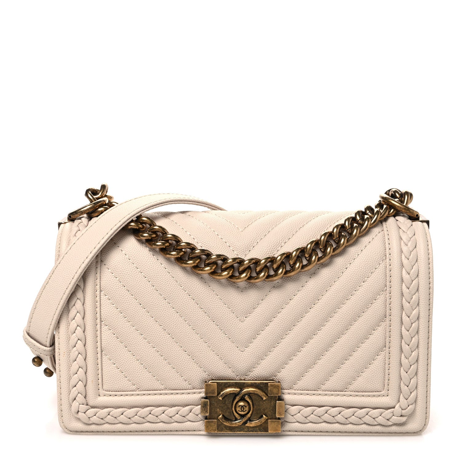 Chanel Caviar Chevron Quilted Braided Medium Boy Flap Beige 1 of 10