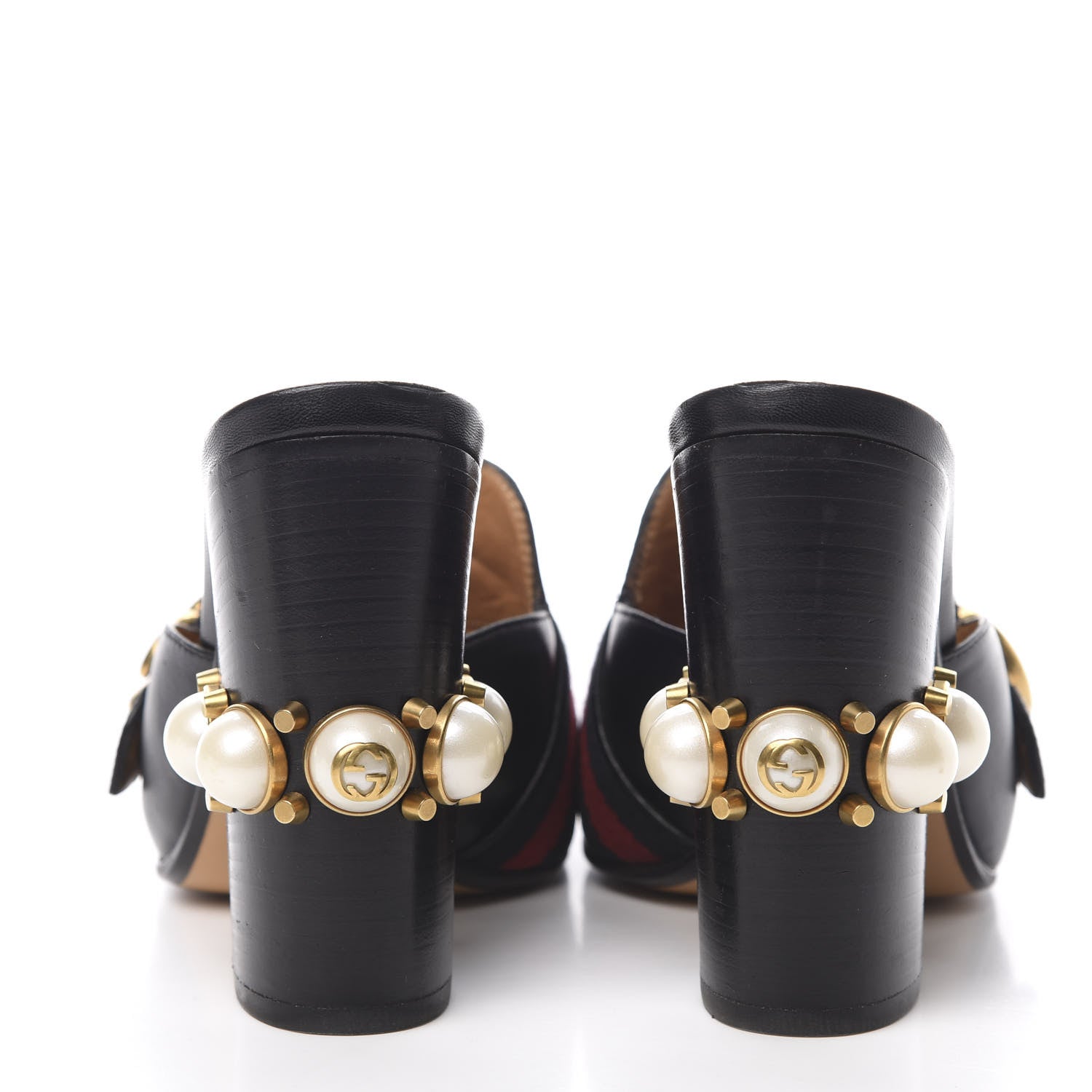 Gucci Malaga Kid Web Pearl Embellished Peyton High Heel Mules 37.5 Black 5 of 12