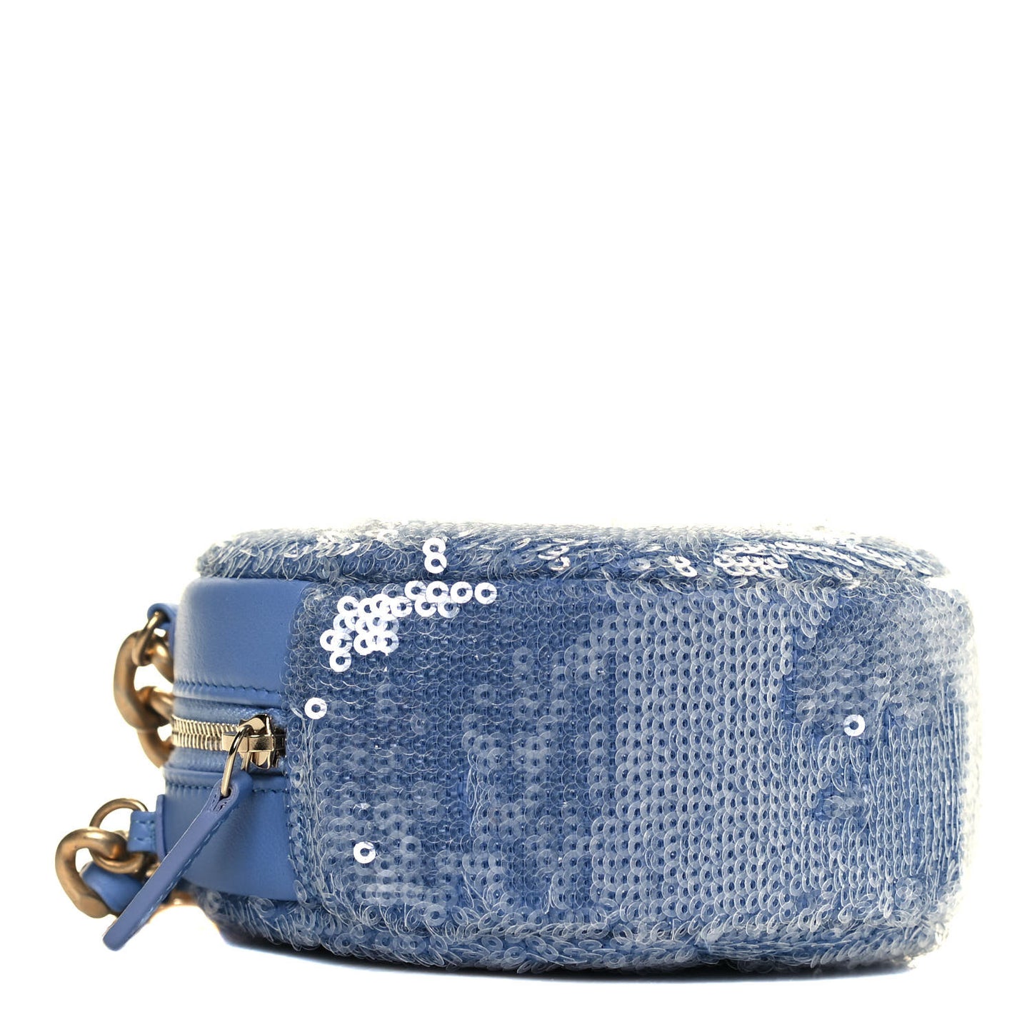 Sequin Chanel 19 Round Clutch With Chain Light Blue