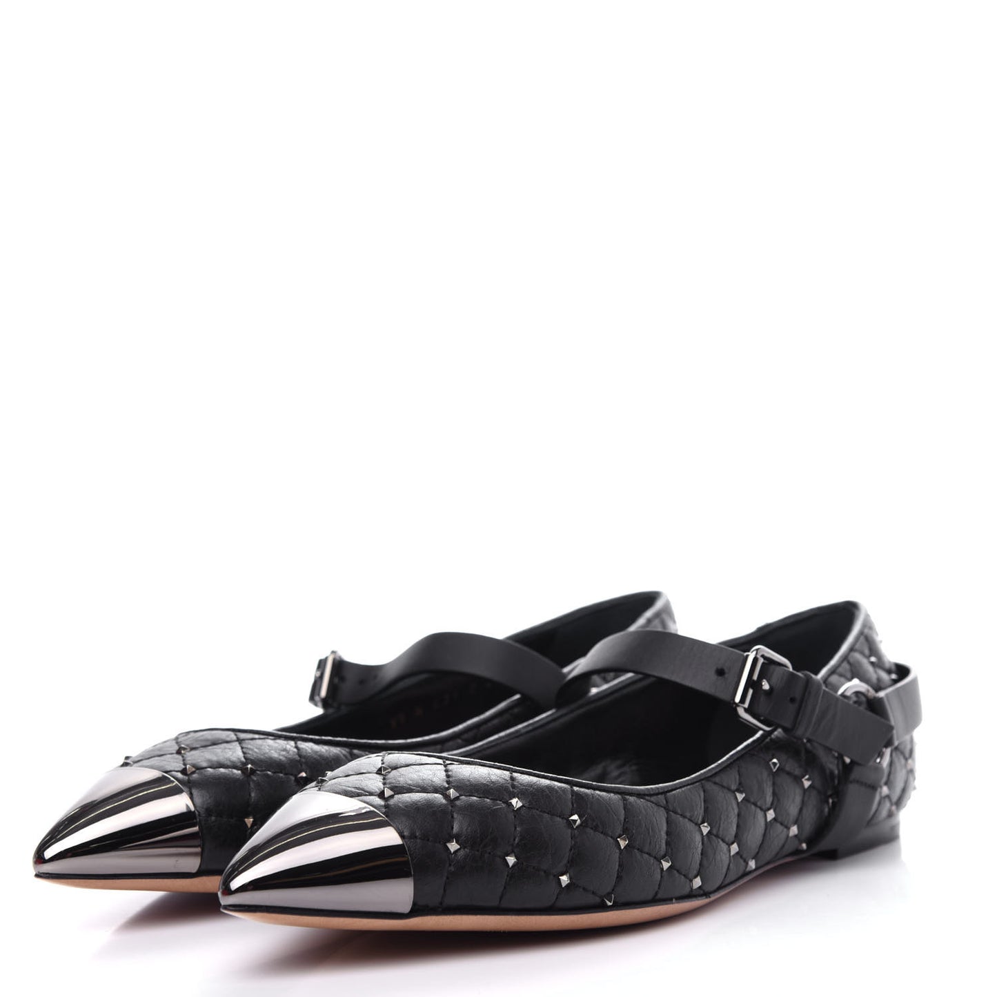 Crackled Lambskin Rockstud Spike Captoe Ballerina Flats 39 Black
