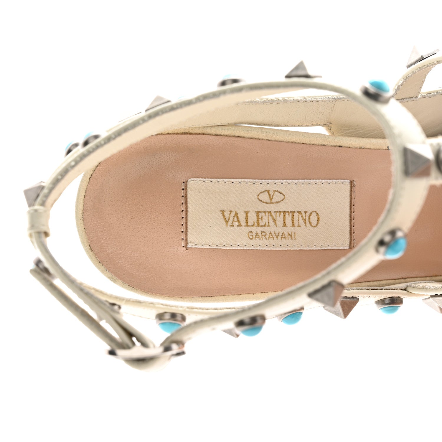 Valentino Garavani Pebbled Calfskin Turquoise Rockstud Rolling Ankle Strap 100mm Pumps 38.5 Ivory 7 of 12