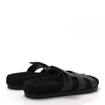 Hermes Calfskin Woolskin Womens Chypre Sandals 39 Black 4 of 8