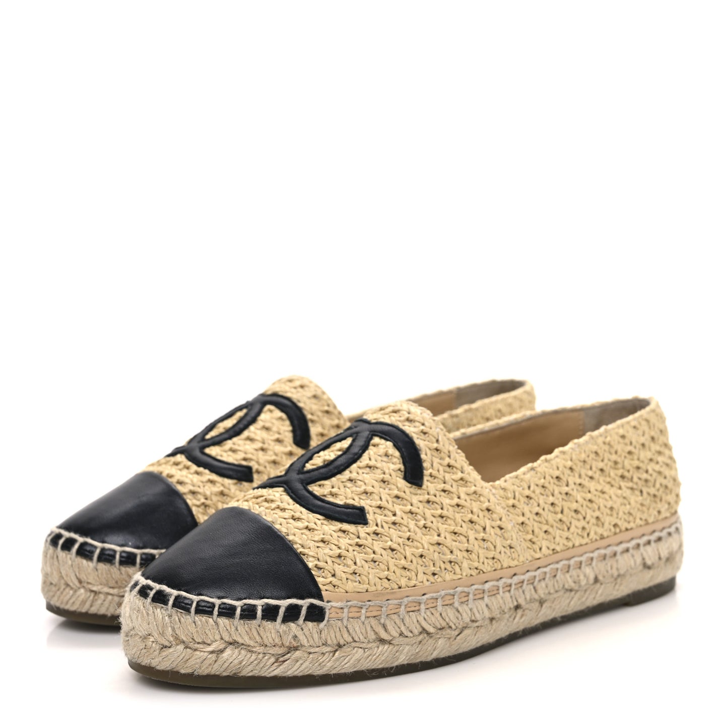 Braided Fabric Lambskin CC Espadrilles 38 Beige Black