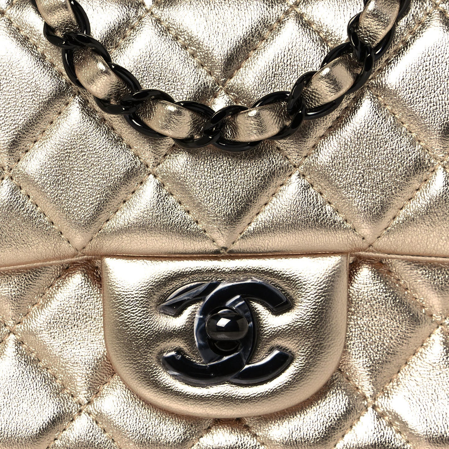Metallic Lambskin Quilted Mini Rectangular Flap Gold Black