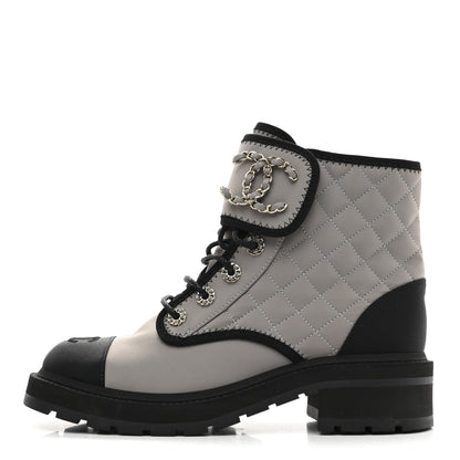 Chanel Fabric Grosgrain Quilted Cap Toe Lace Up Combat Boots 39 Grey Black 1 of 9