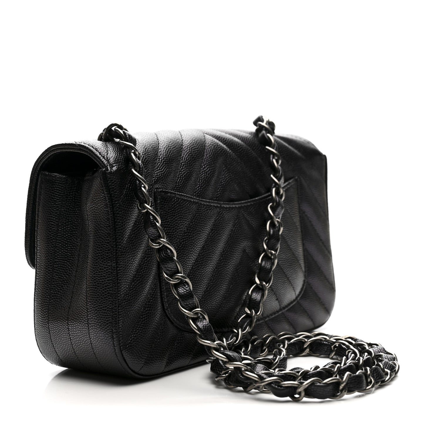 Metallic Caviar Chevron Quilted Mini Rectangular Flap Black