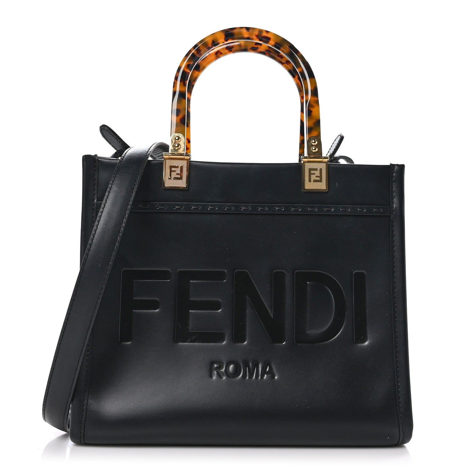 Fendi Vitello King Plexiglass Logo Embossed Small Fendi Sunshine Shopper Tote Black 1 of 9