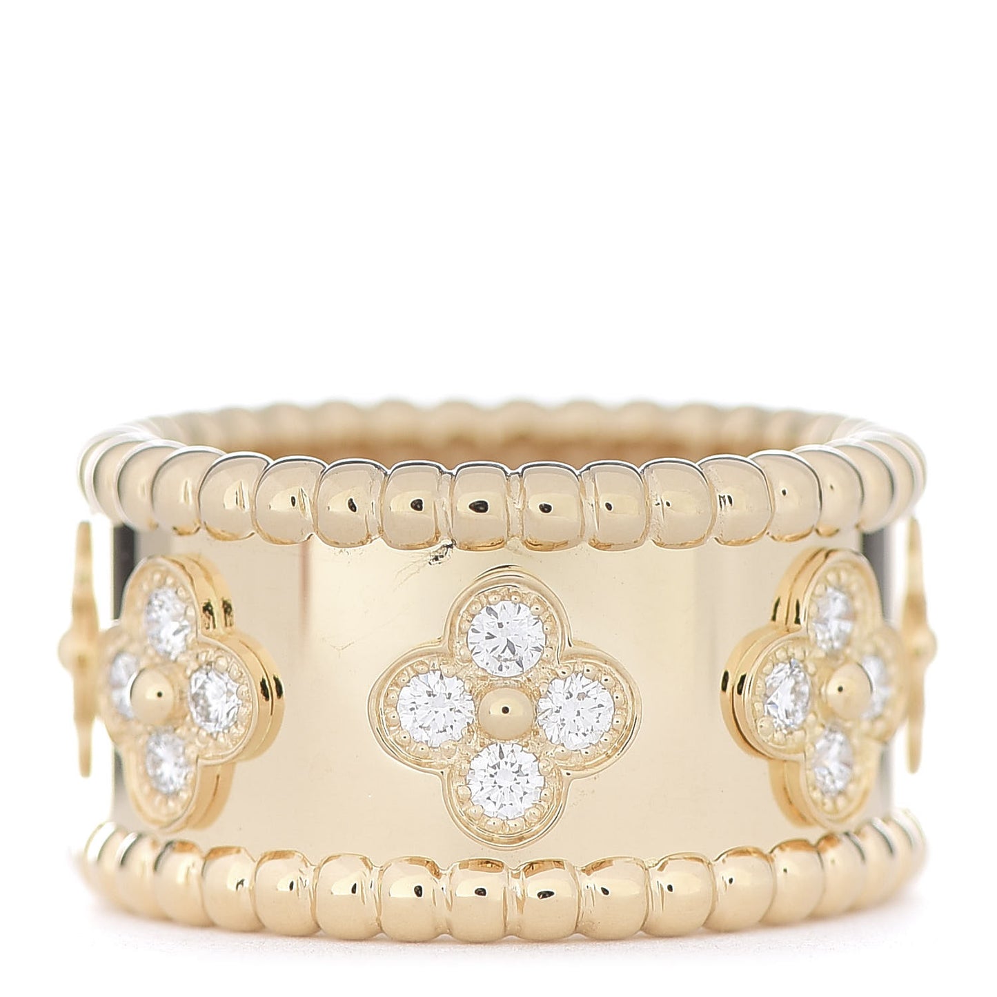 18K Yellow Gold Diamond Perlee Clovers Ring 49 4.75