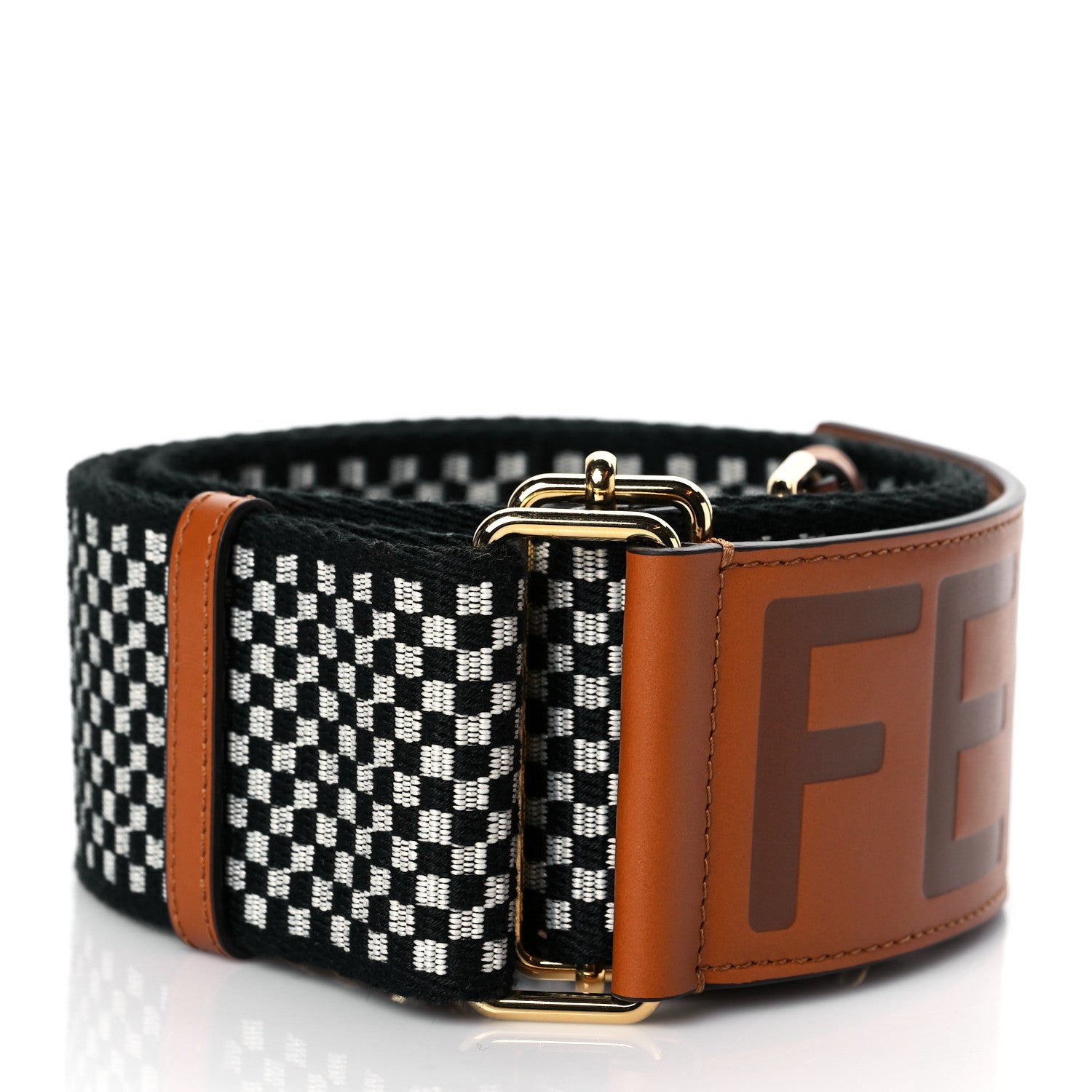 Fendi Ribbon Vitello King Logo Embossed Gingham Woven Adjustable Strap You Panna Black Cuoio 3 of 6