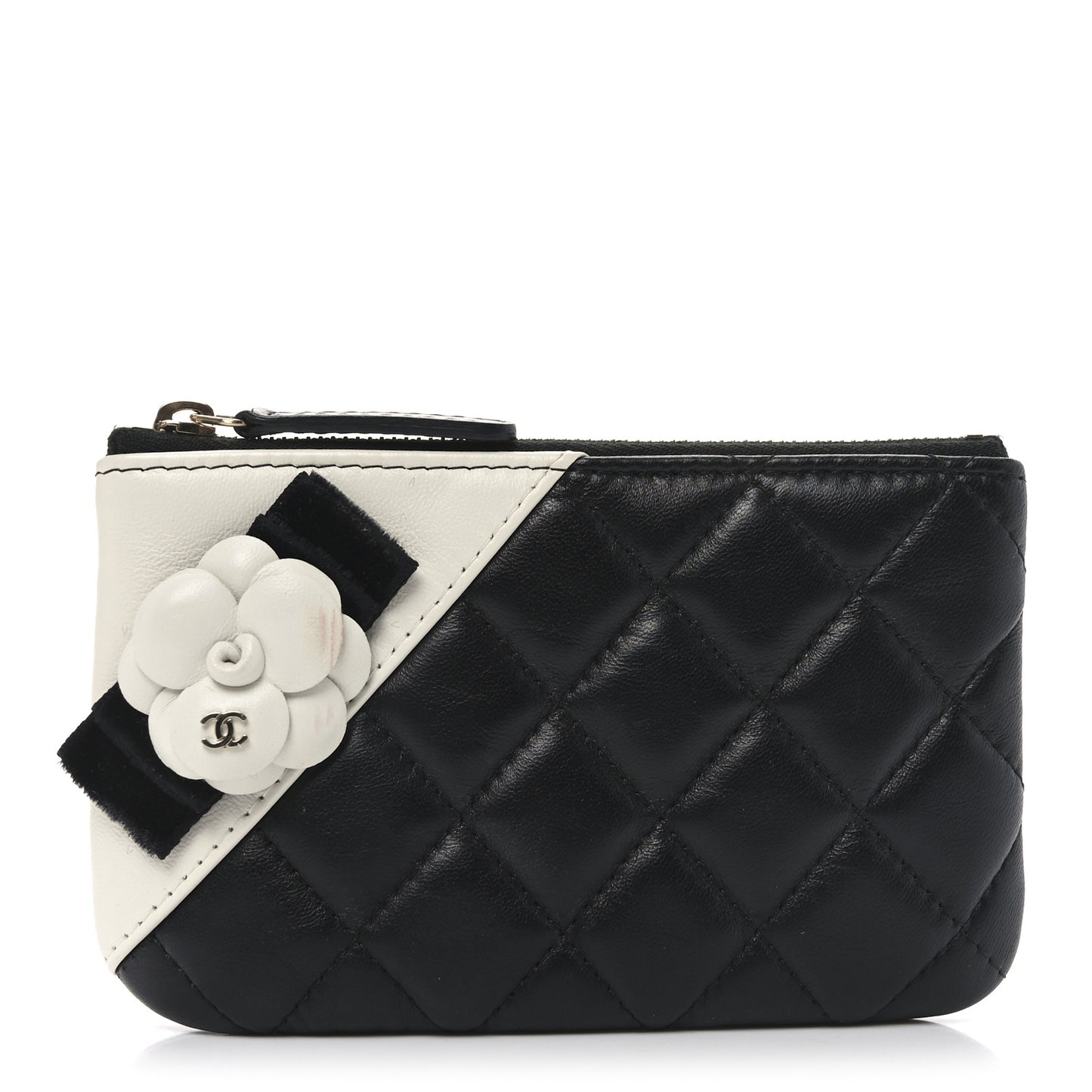 Lambskin Quilted Small Camellia Cosmetic Pouch Black White