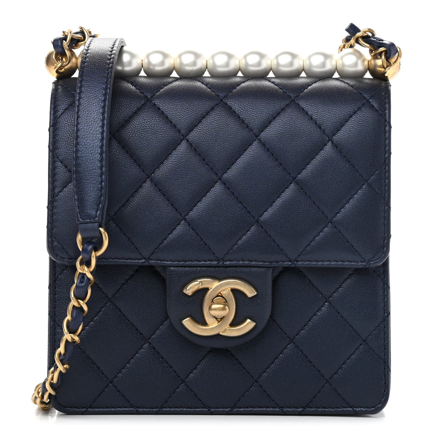 Chanel Iridescent Lambskin Quilted Chic Pearls Flap Navy Blue 1 of 9