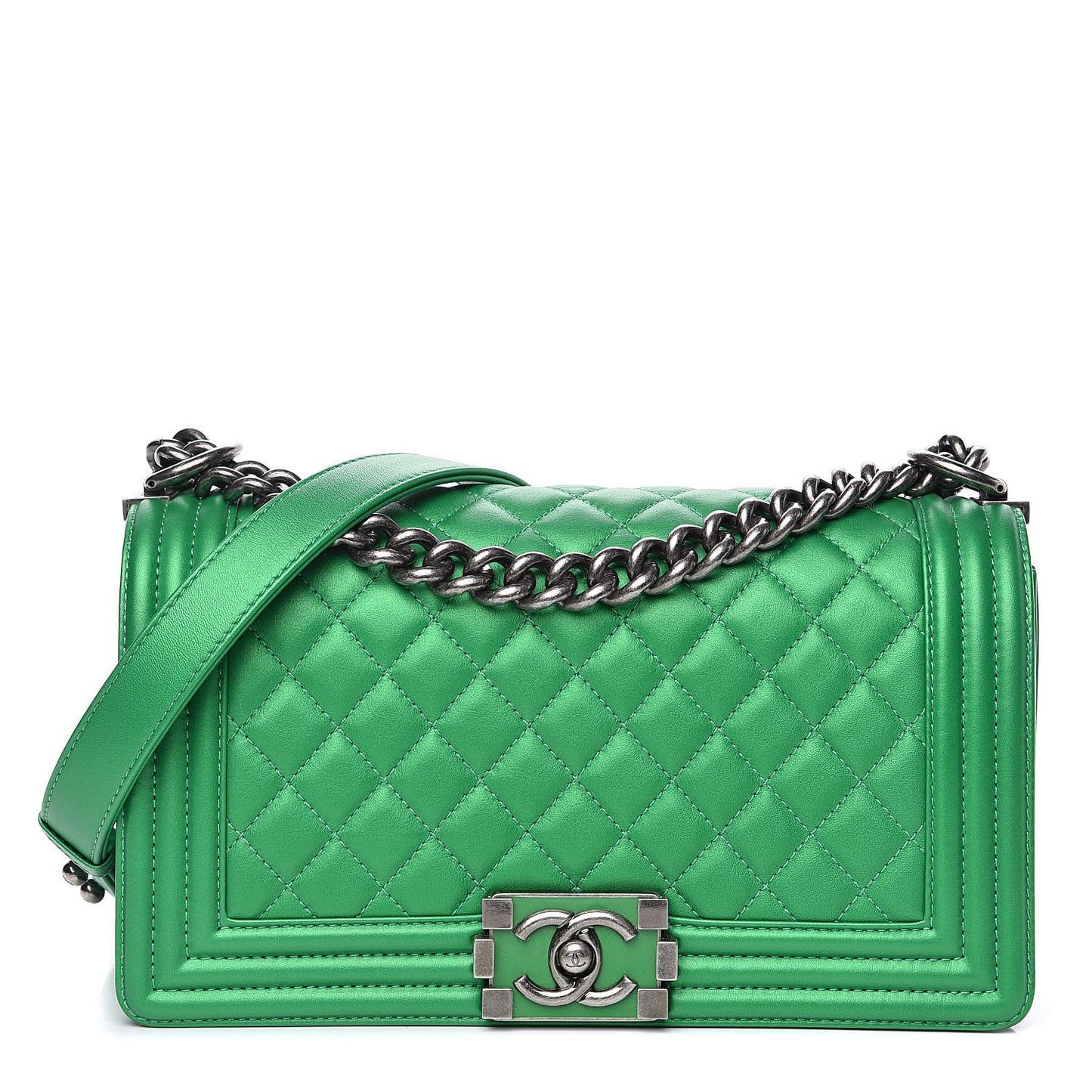 Metallic Calfskin Quilted Medium Boy Flap Green