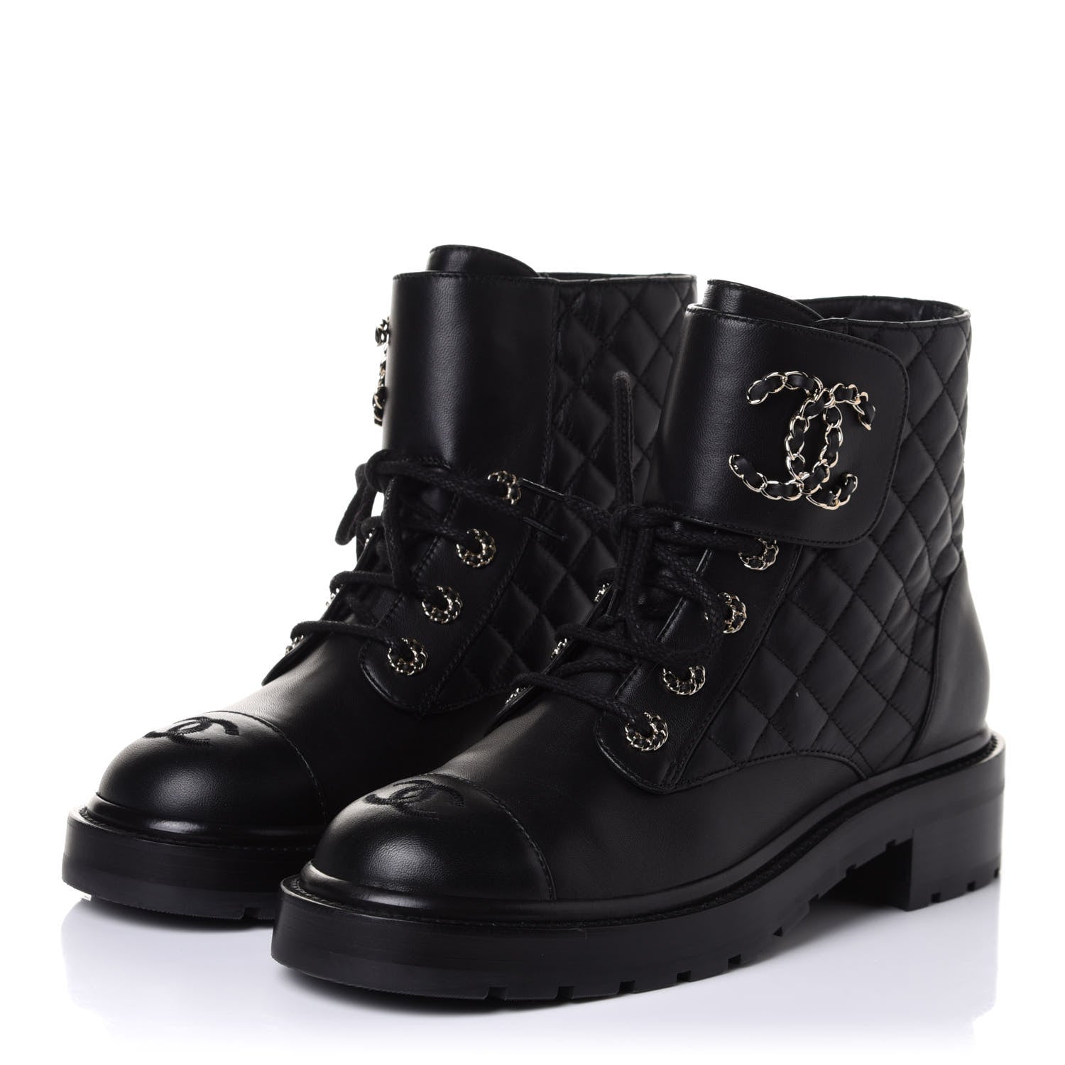 Chanel Shiny Lambskin Quilted Lace Up Combat Boots 39.5 Black 3 of 10