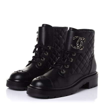 Chanel Shiny Lambskin Quilted Lace Up Combat Boots 39.5 Black 3 of 10