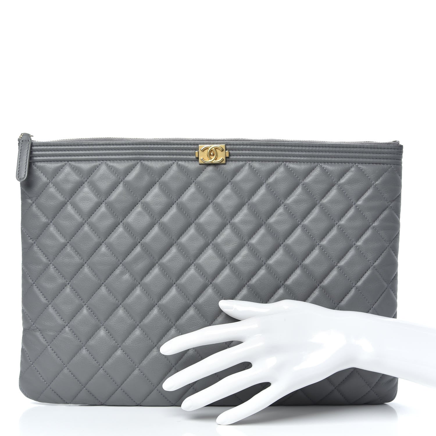 Chanel Lambskin Quilted Large Boy Cosmetic Case Grey 2 of 10