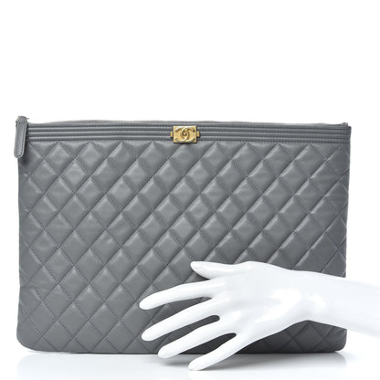 Chanel Lambskin Quilted Large Boy Cosmetic Case Grey 2 of 10