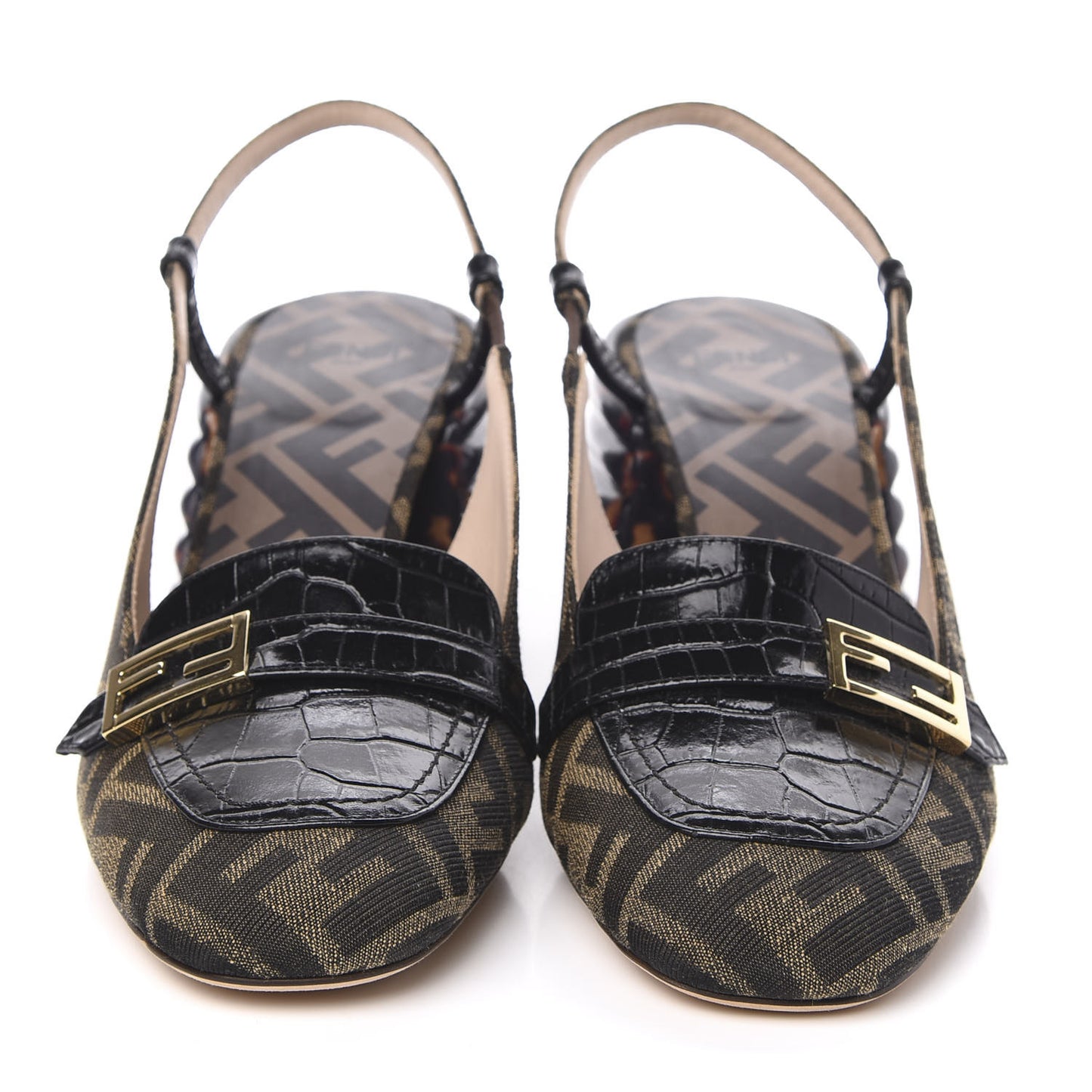 Jacquard Calfskin FF Tortoise Promenade Slingback Loafer Pumps 39 Tobacco