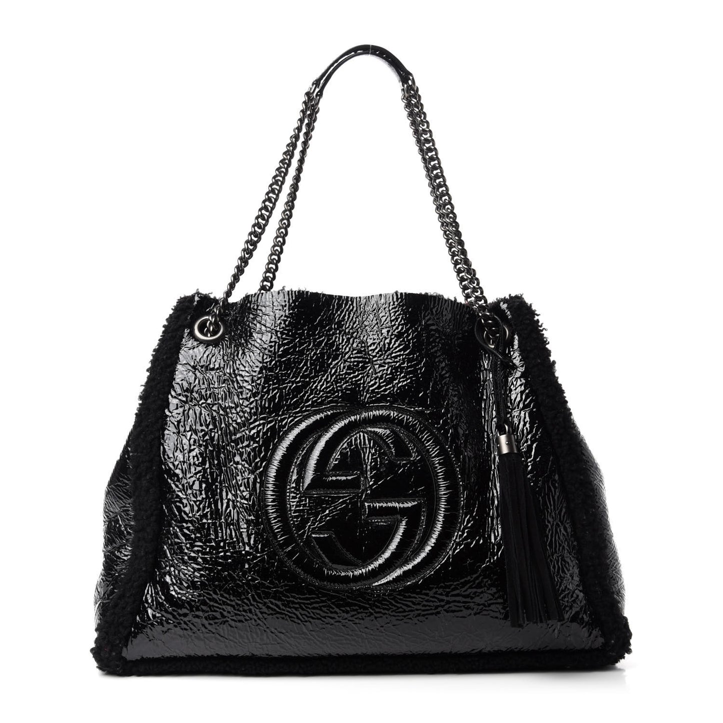 Patent Shearling Large Soho Chain Shoulder Bag Black