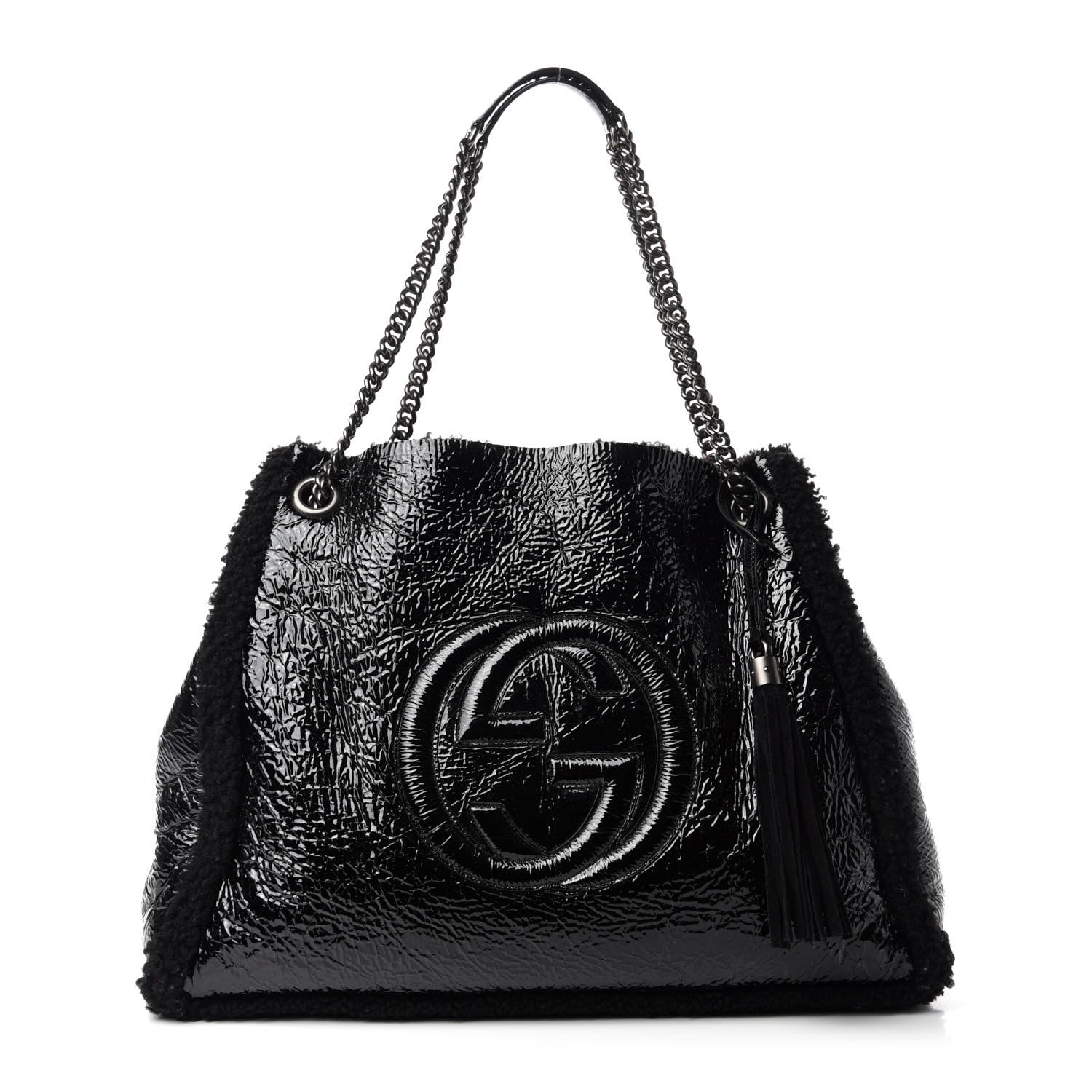 Gucci Patent Shearling Large Soho Chain Shoulder Bag Black 3 of 11