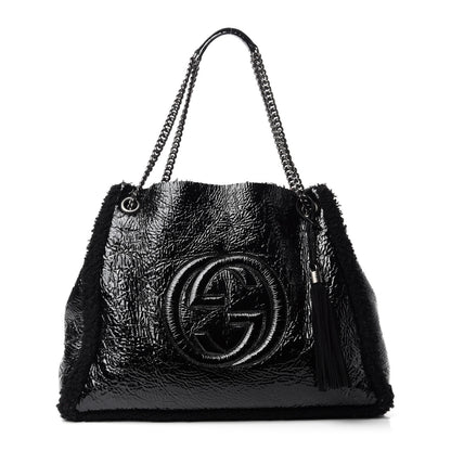 Gucci Patent Shearling Large Soho Chain Shoulder Bag Black 3 of 11