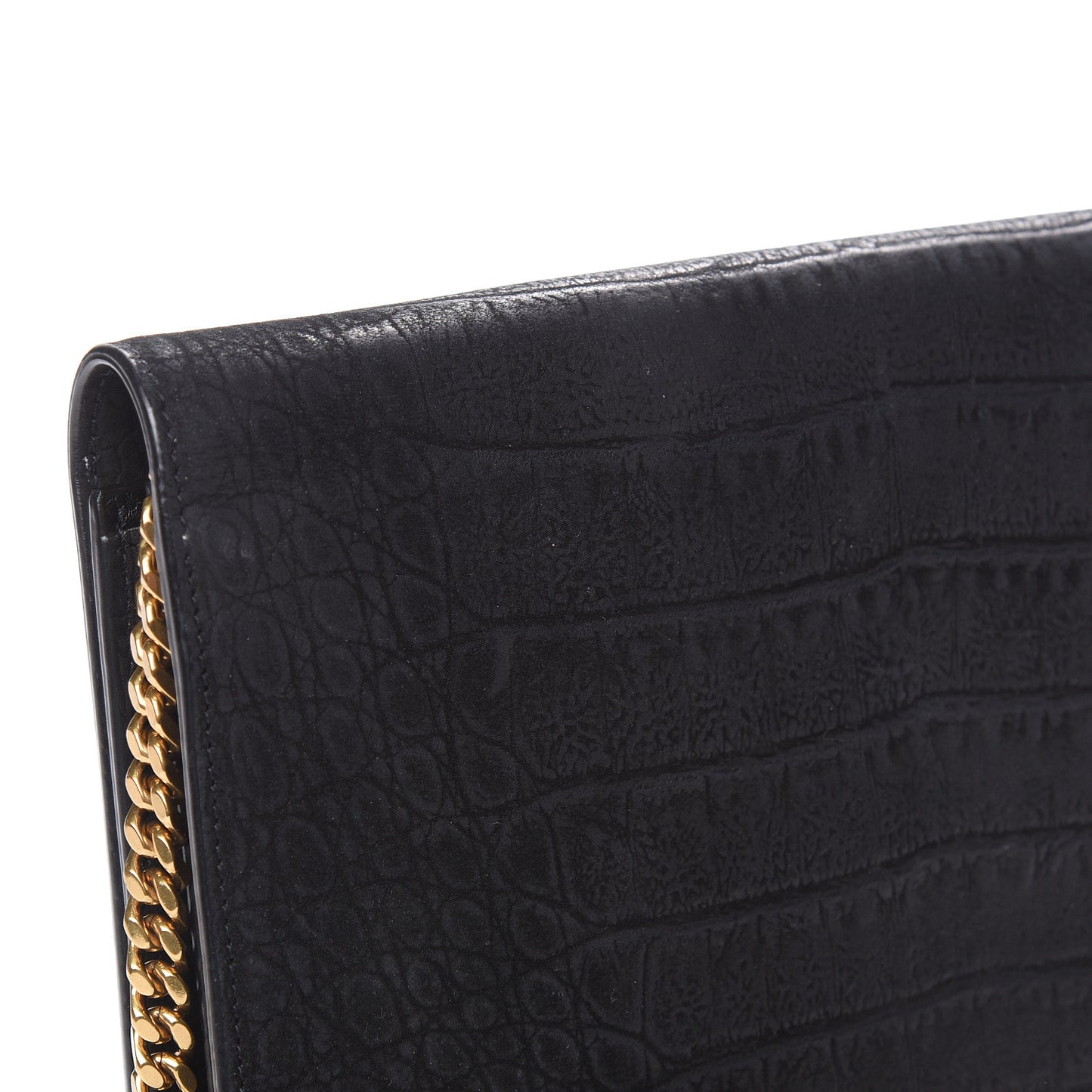 Crocodile Embossed Nubuck Monogram Chain Wallet in Black