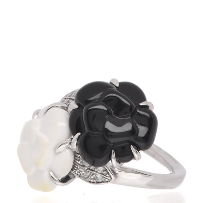 Chanel 18K White Gold Diamond Onyx White Agate Camelia Sculpte Ring 50 5.25 3 of 5
