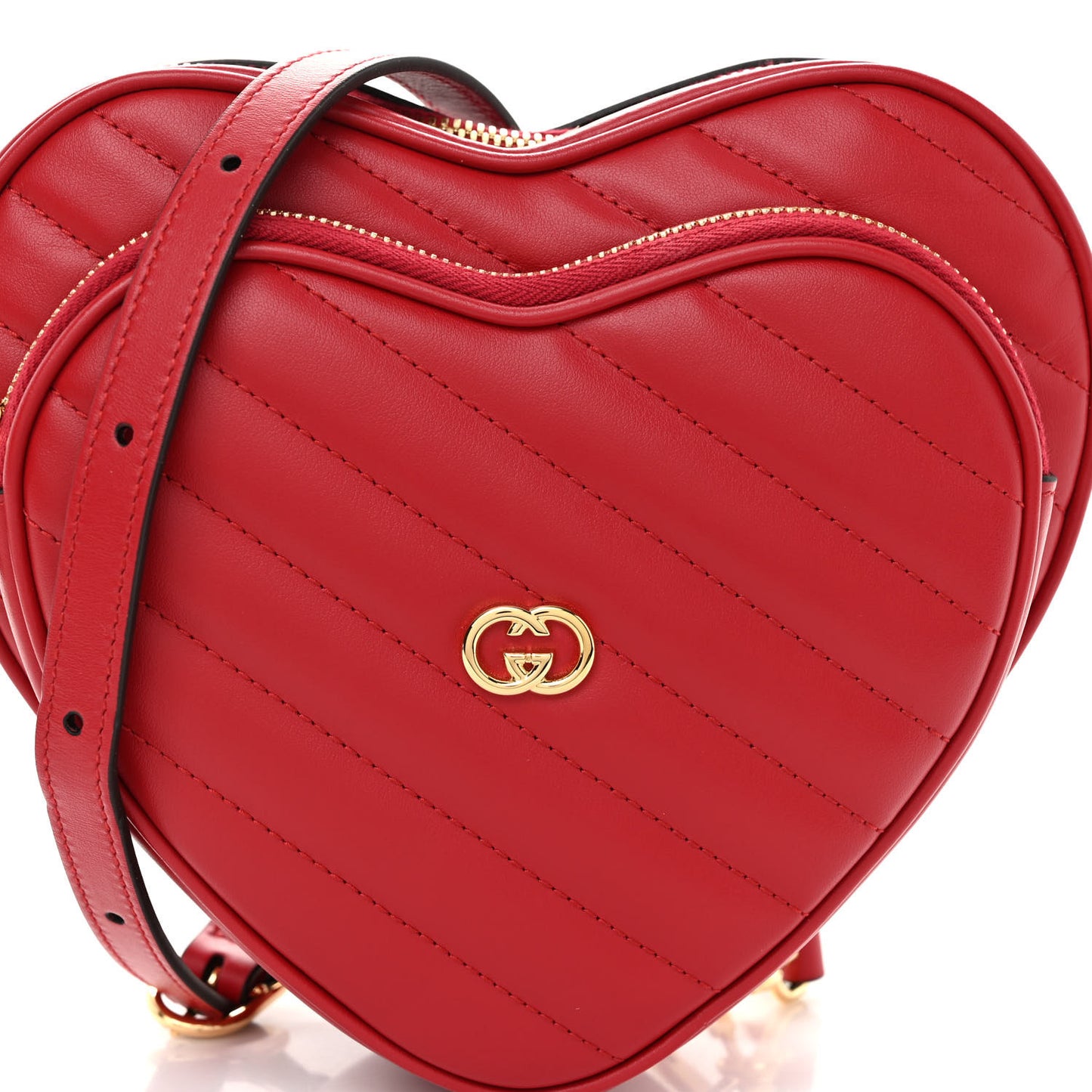 Calfskin Matelasse Diagonal Mini Interlocking G Heart Shoulder Bag Hibiscus Red