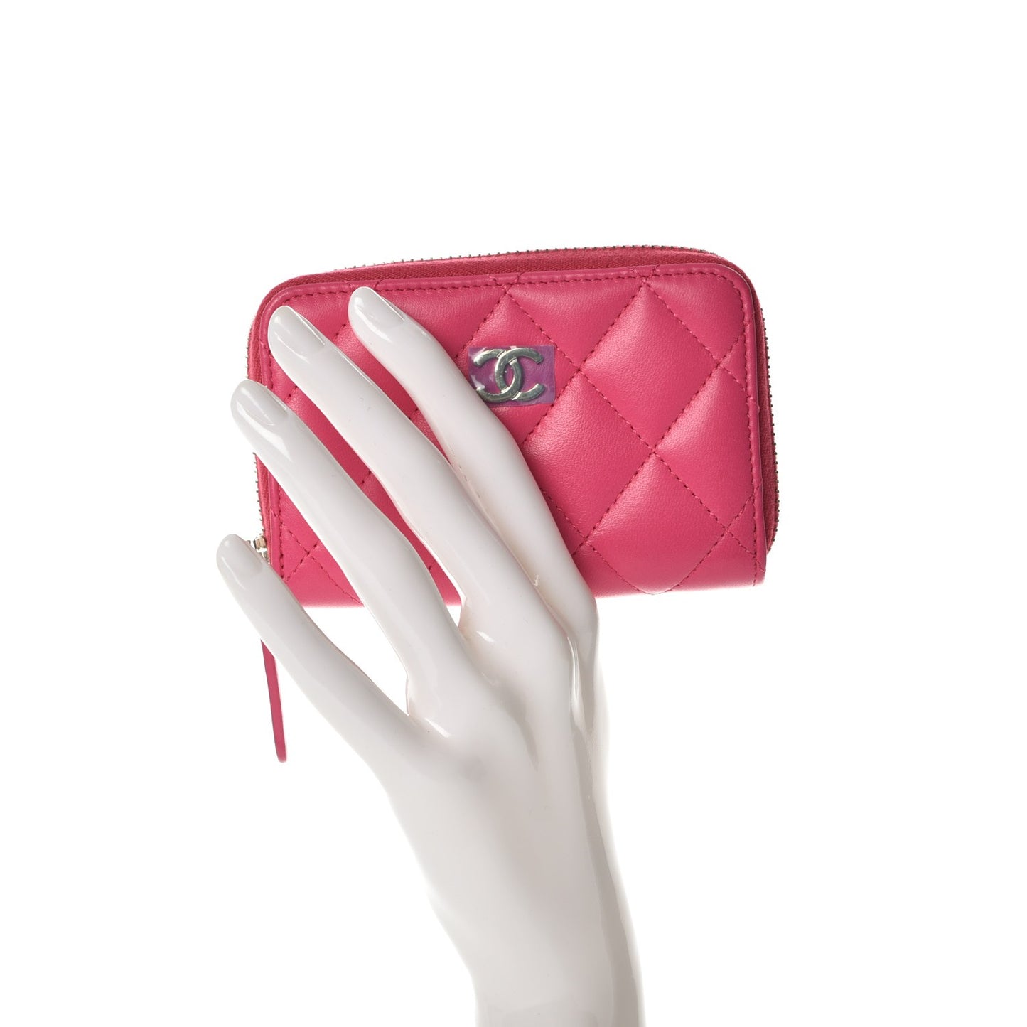 Lambskin Quilted Zip Around Coin Purse Wallet Fuchsia