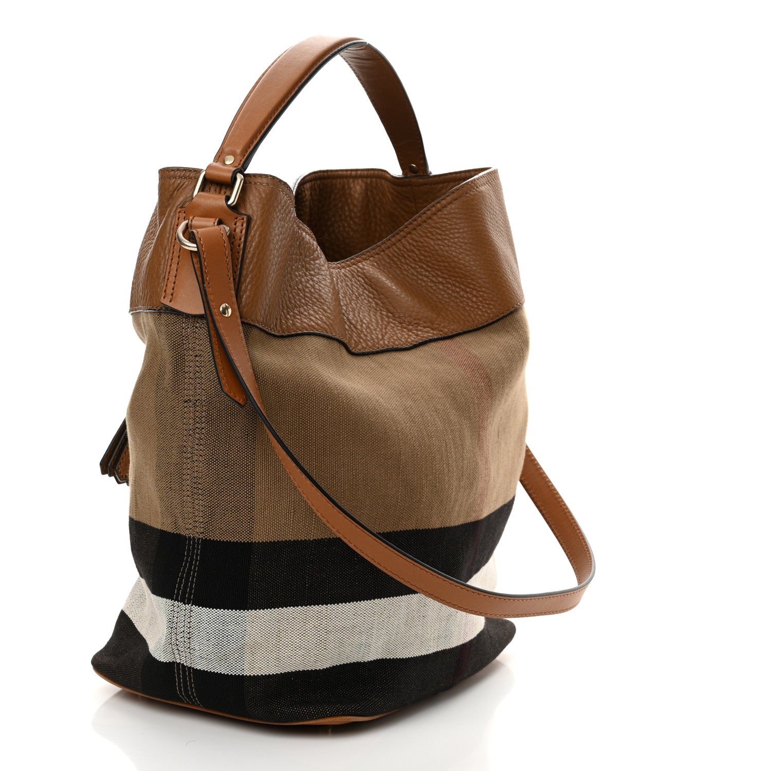 Burberry Grainy Calfskin Canvas Mega Check Medium Ashby Tassel Hobo Saddle Brown 4 of 13