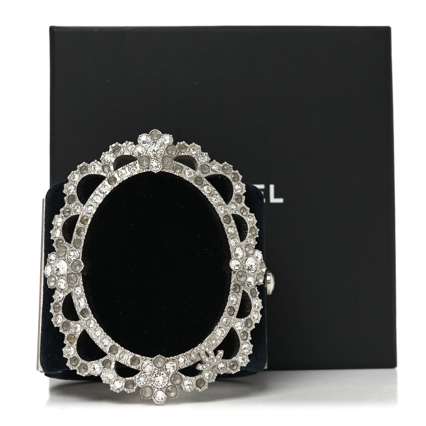 Metal Velvet Crystal Flower CC Wide Cuff Bracelet Silver Black