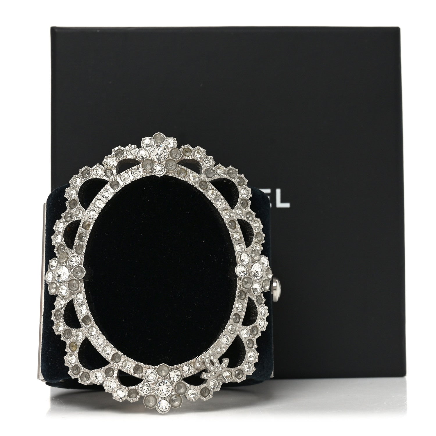 Chanel Metal Velvet Crystal Flower CC Wide Cuff Bracelet Silver Black 5 of 5