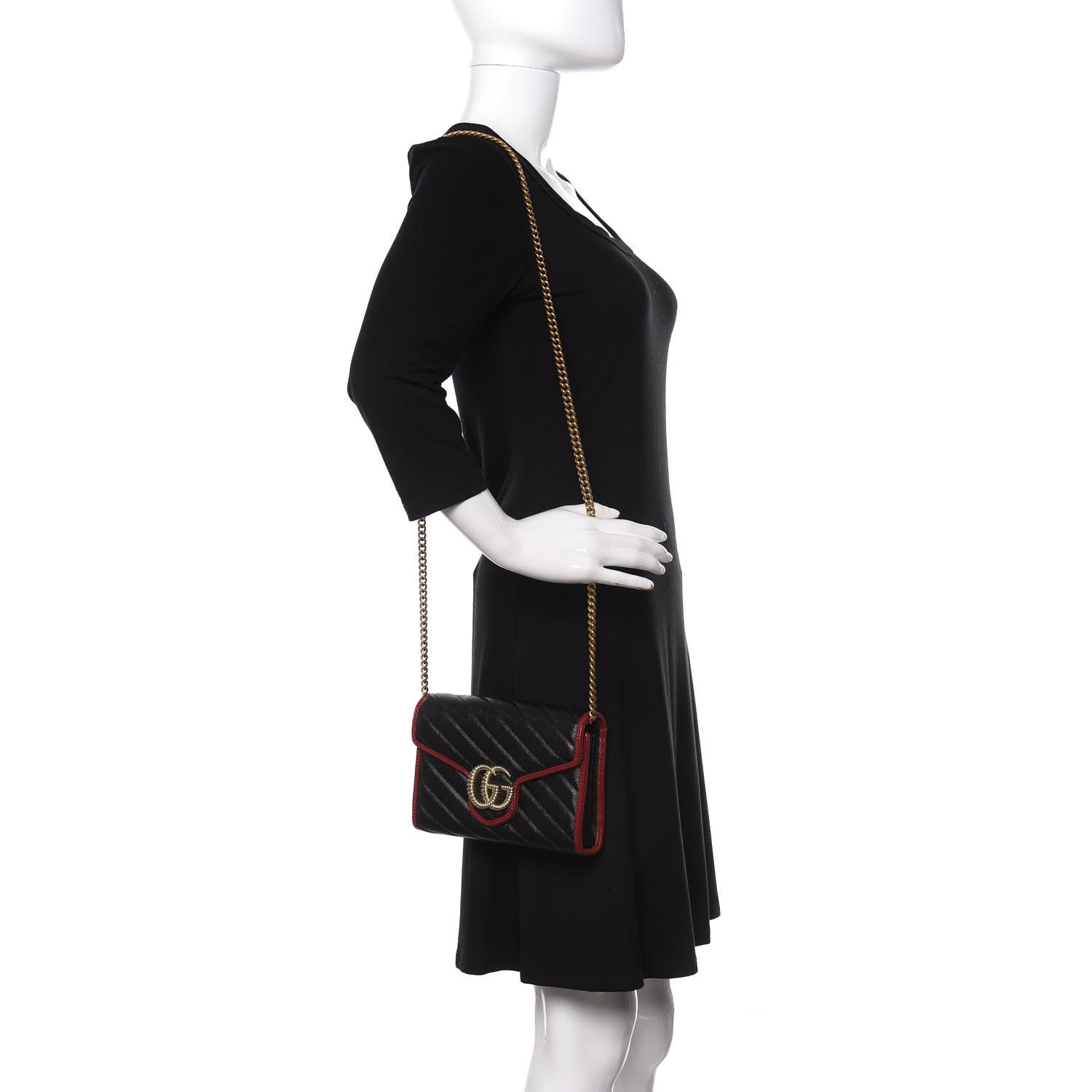 Gucci Vintage Effect Calfskin Matelasse Diagonal Torchon GG Marmont Chain Wallet Black Romantic Cherry 2 of 11
