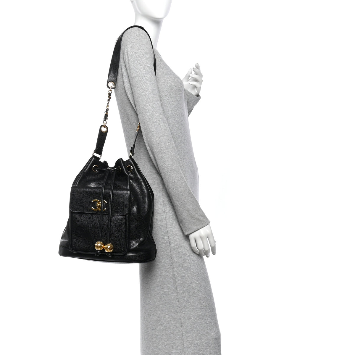 Caviar CC Drawstring Shoulder Bag Black