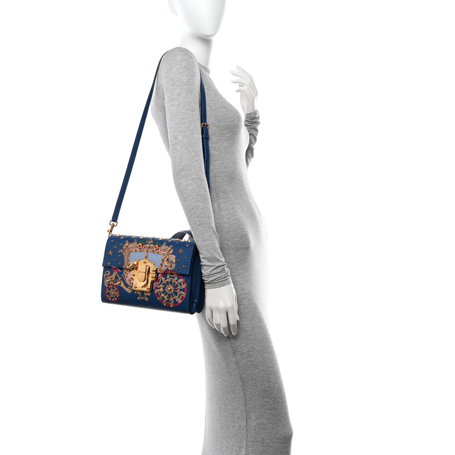 Dolce & Gabbana Calfskin Crystal Embellished Lucia Shoulder Bag Blue Multicolor 3 of 13