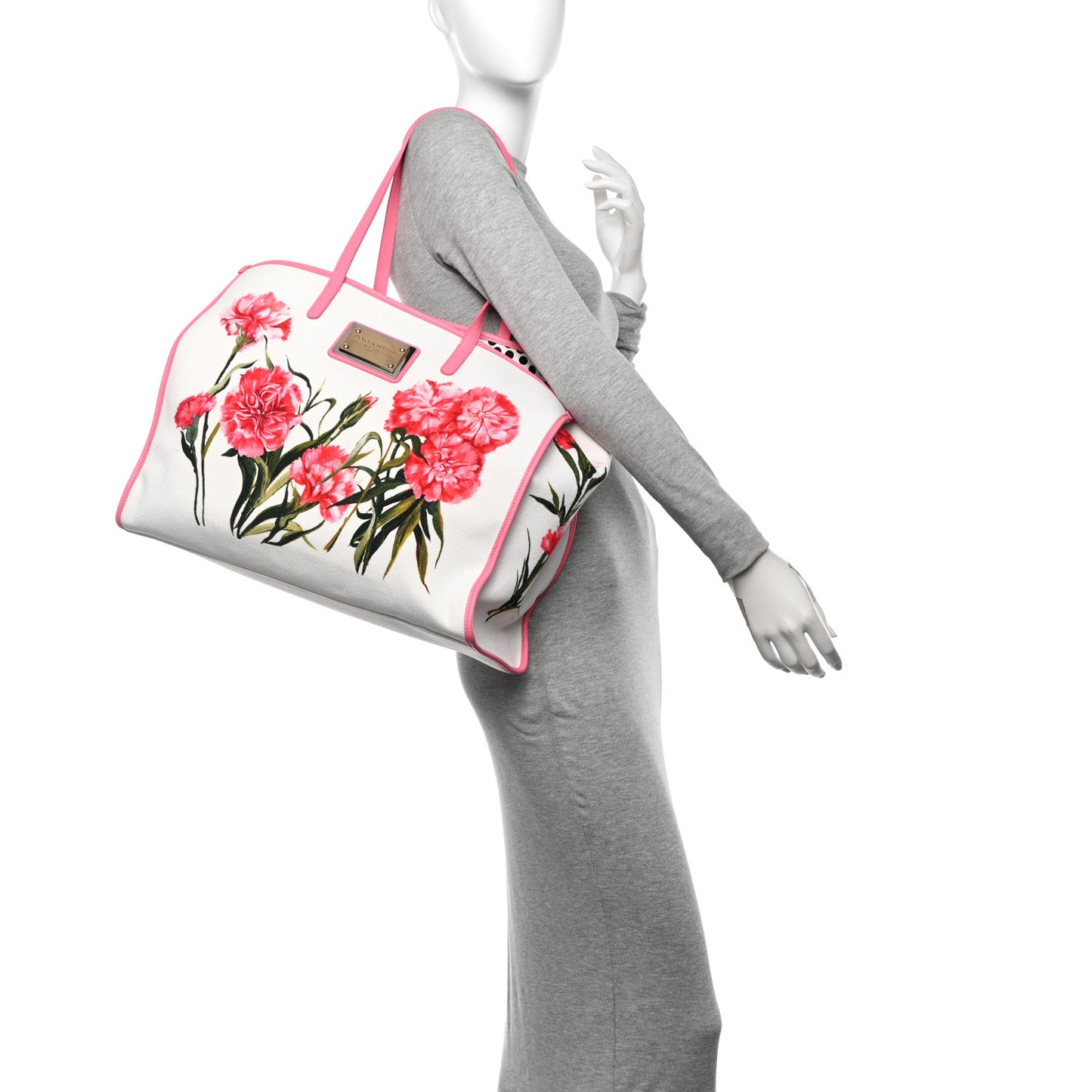Canvas Floral Printed Tote White Pink