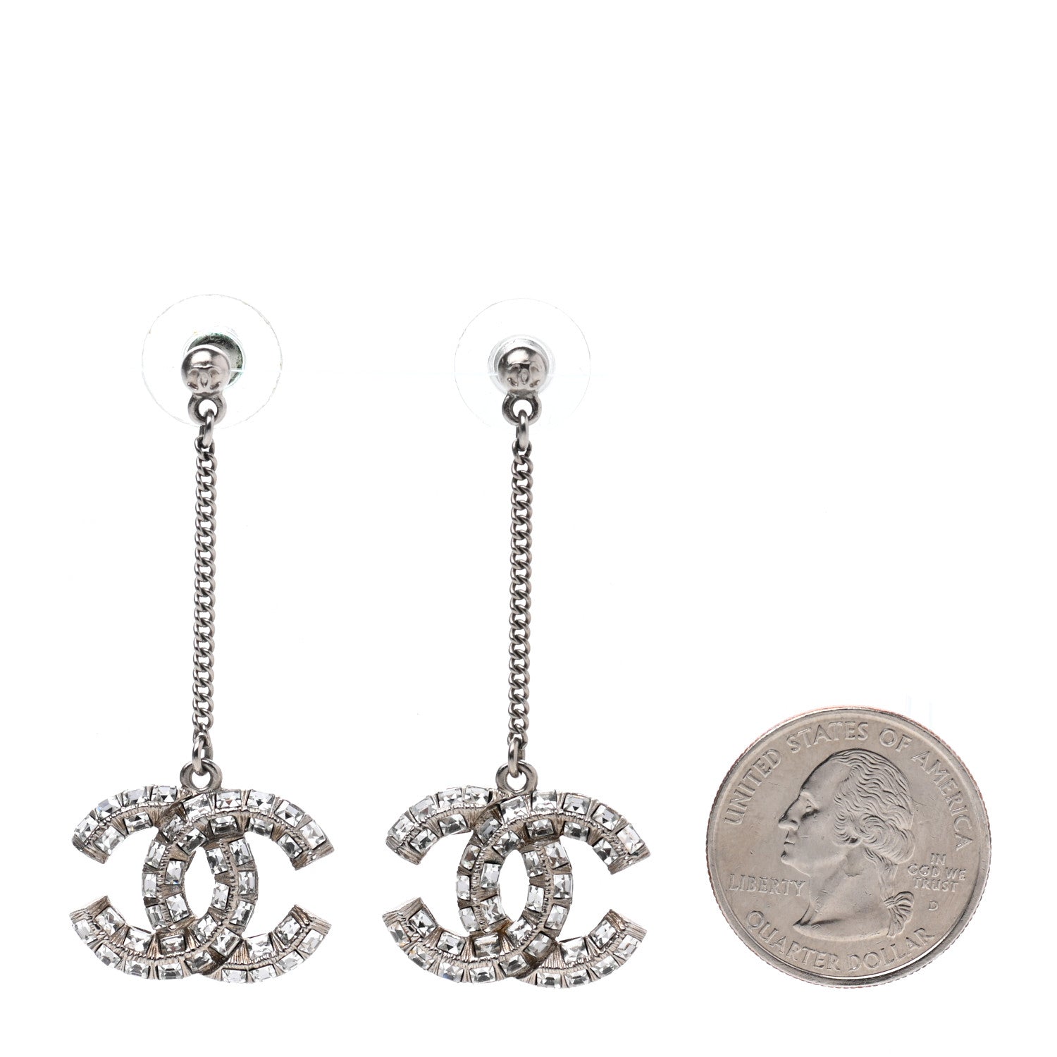Chanel Baguette Crystal CC Drop Earrings Silver 2 of 4