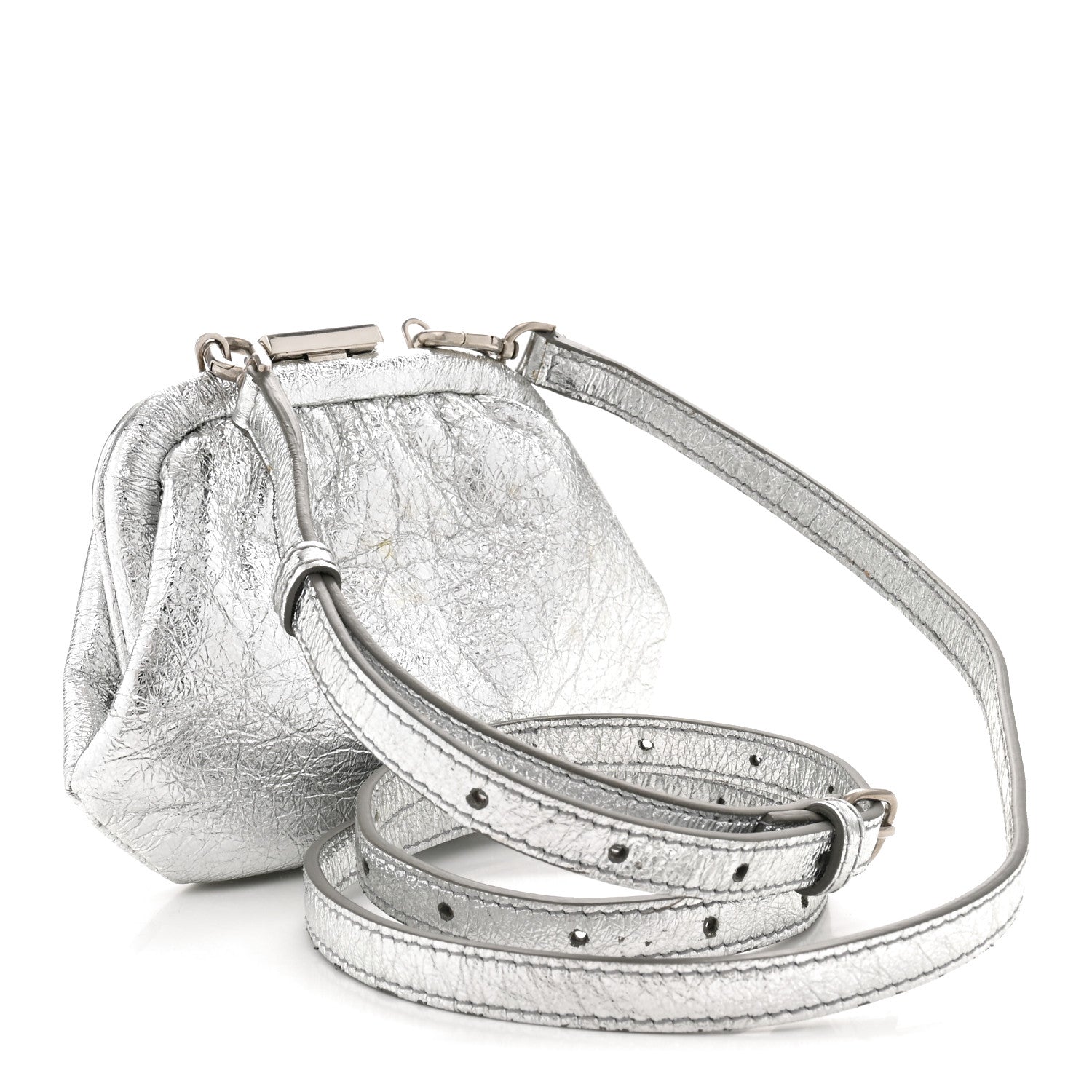 Balenciaga Metallic Textured Calfskin Logo Cloud Coin Purse With Strap Silver 3 of 11