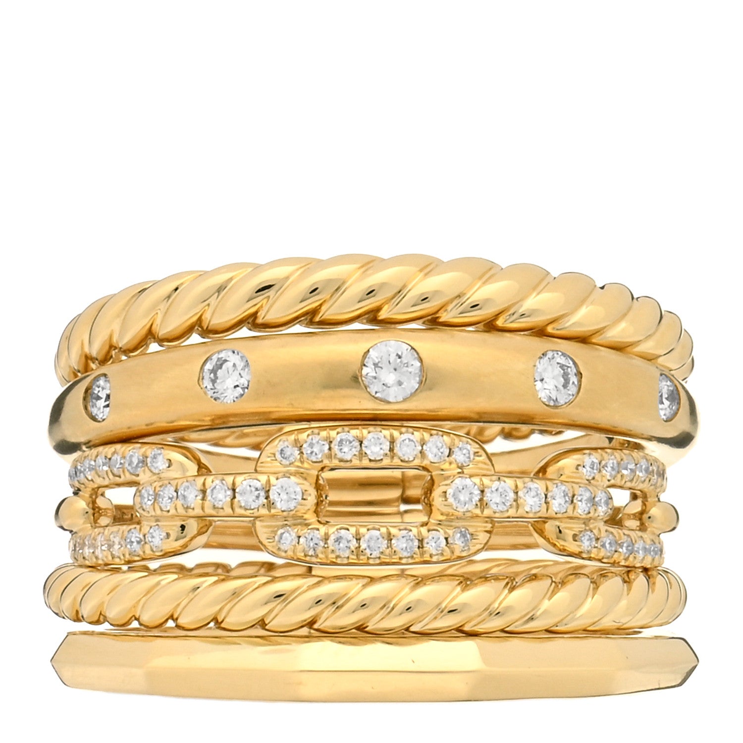 David Yurman 18K Yellow Gold Diamond 15mm Stax Five-Row Ring 56 7.5 1 of 3
